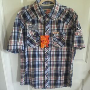 ROLLING PAPER CO Men's‎ Short Sleeve Navy Plaid Button Up Patches Streetwear XL